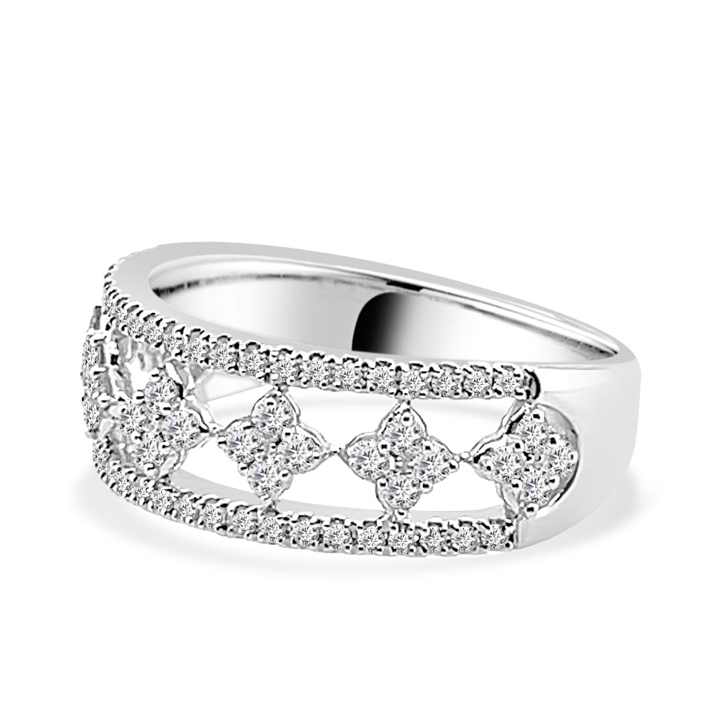 Dazzling Diamond Openwork Clover Cluster Ring in 10 Karat White Gold - Round Shape, 0.52 Carat Natural Diamond