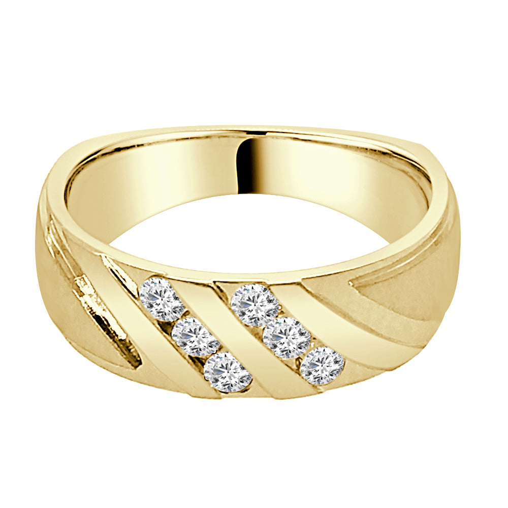 14 Karat Yellow Gold Diagonal Satin Fancy Wedding Band with Natural Diamond Accent