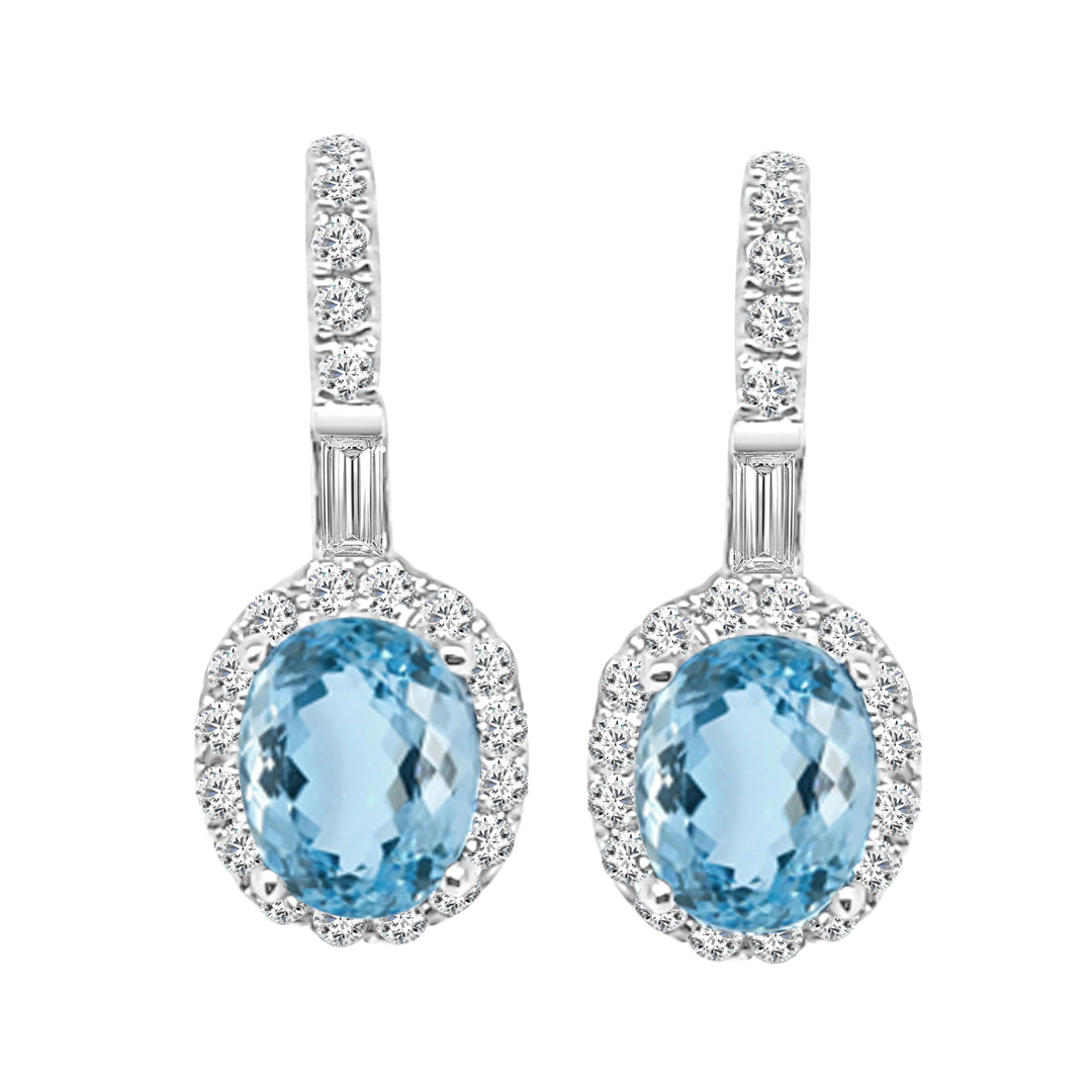 Blue Topaz Leverback Oval Halo Earrings in 14 Karat White Gold, 0.80 Carat