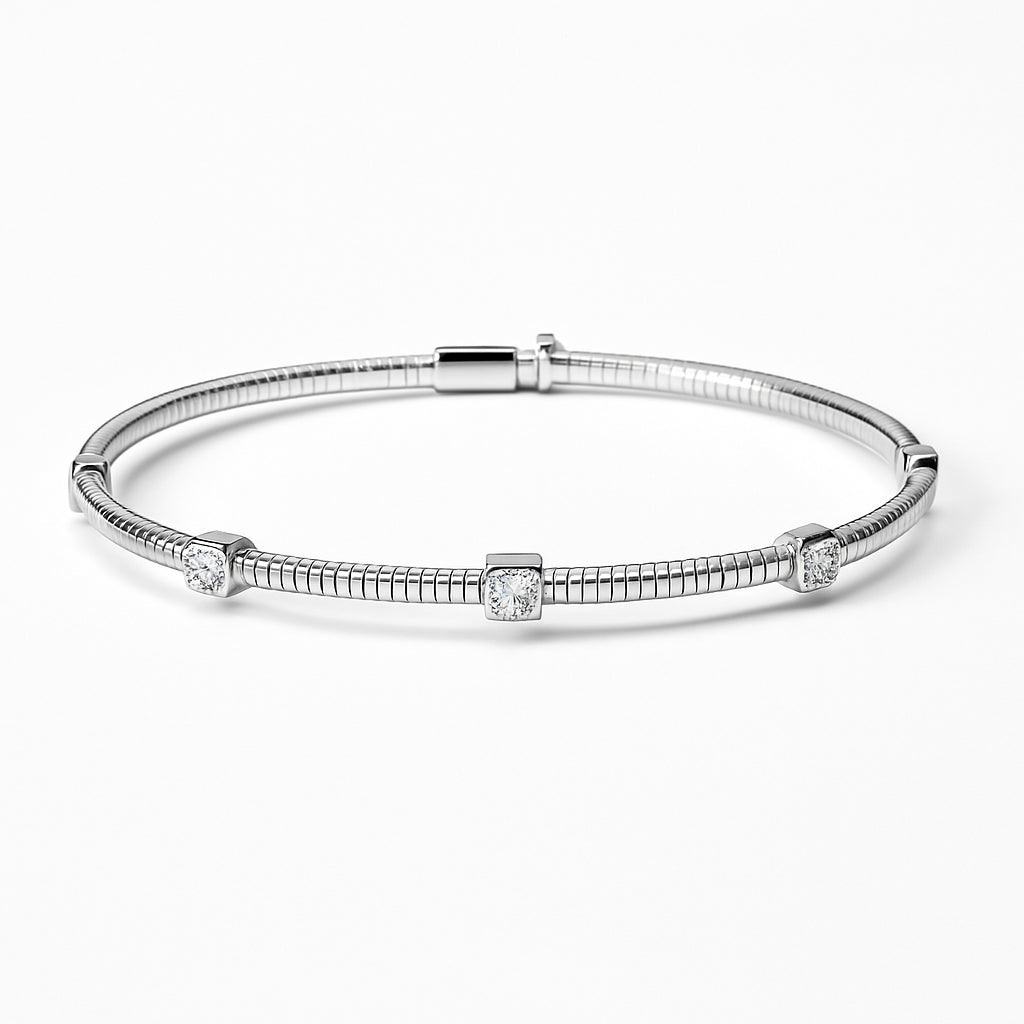 Sterling Silver Bezel Set Bangle Bracelet with Natural Diamond - Round Shape 0.36ct Perfect Christmas Gift