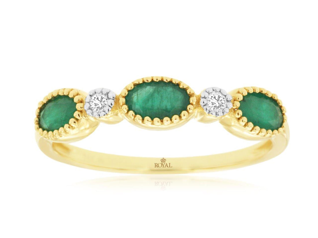 Ladies 14K Yellow Gold Oval Emerald and Diamond Ring with Beaded Bezel