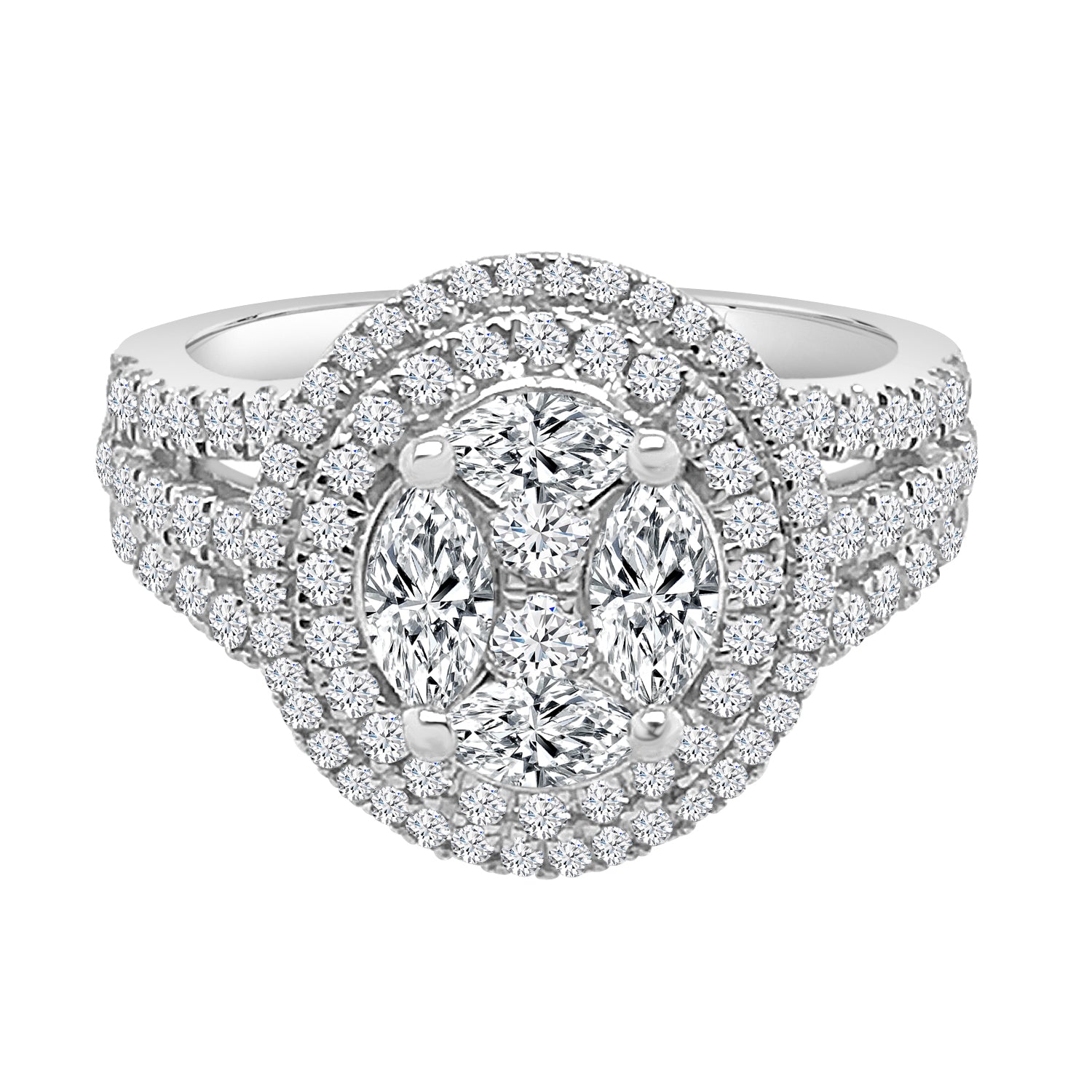 Dazzling Double Halo Mosaic Engagement Ring in 18K White Gold with 1.49 Carat Natural Diamond