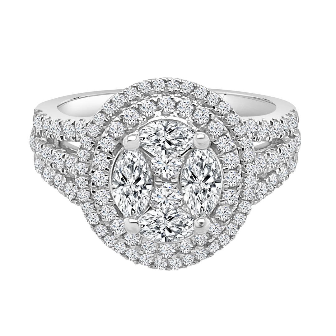 Dazzling Brilliance: 18 Karat White Gold Double Halo Mosaic Set Engagement Ring with Natural Diamond Center