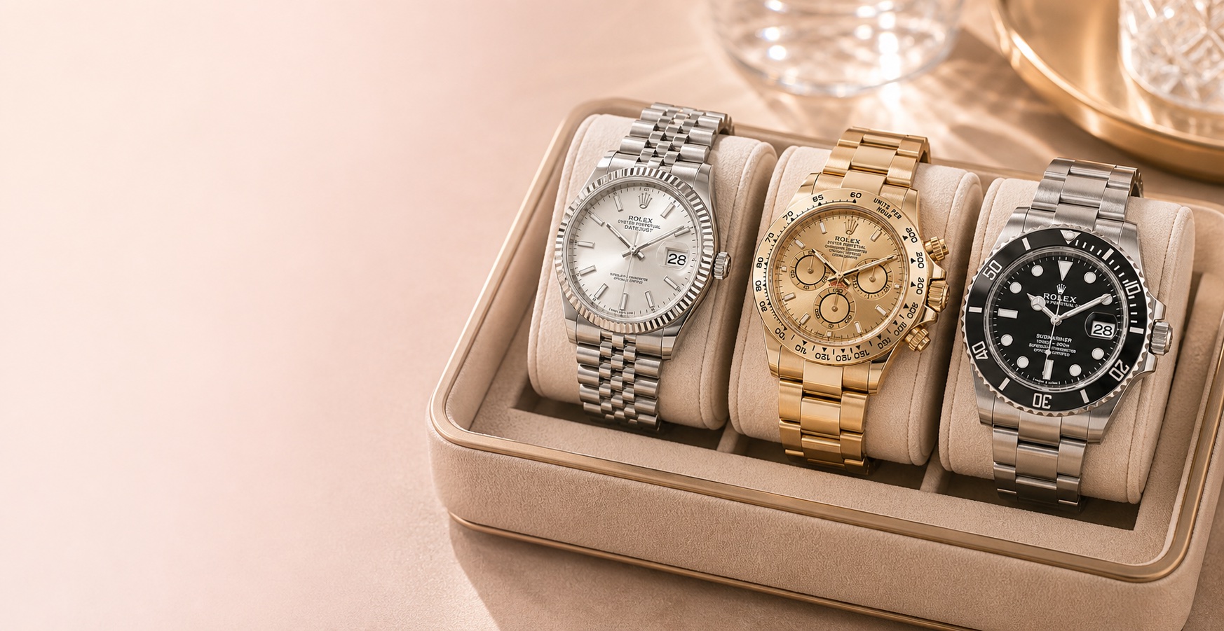 Luxury watches in a display case at A&J Jewelers