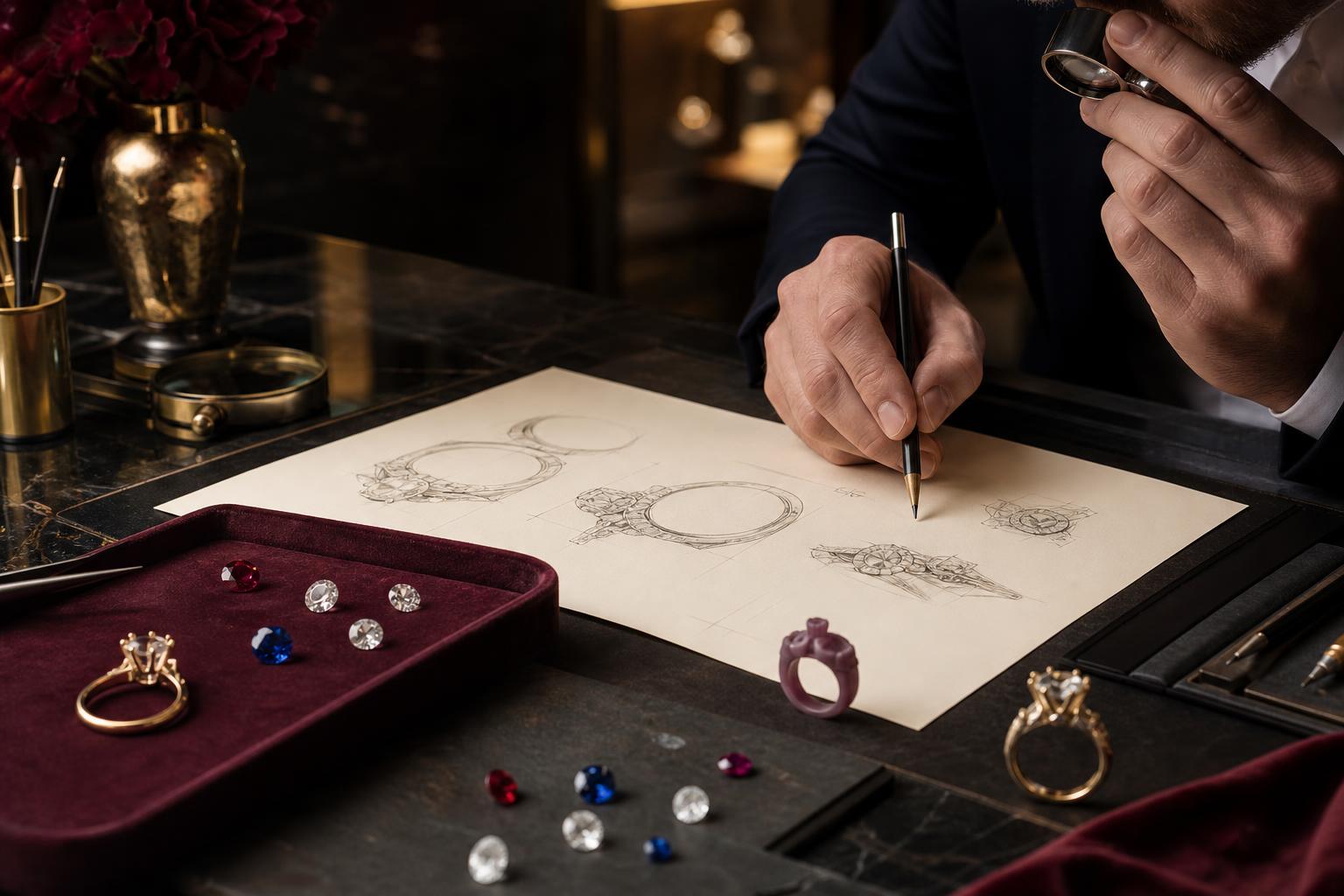 Custom jewelry sketches, gemstones and design table