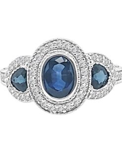 3 Stones With Halos Ladies 1.80 Carat Blue Sapphire Ring