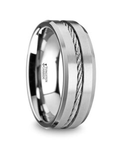 Lannister Tung Flat W/steel Wire Inlay Mens Wedding Band