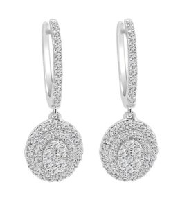 Oval Halo Cluster Drop Hoop 0.75 Carat Diamond Earrings