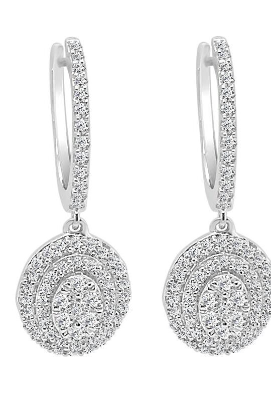 Oval Halo Cluster Drop Hoop 0.75 Carat Diamond Earrings