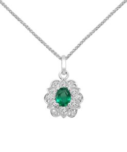 Oval Floral Halo Spiga 0.29 Carat Emerald 18 Inch Necklace