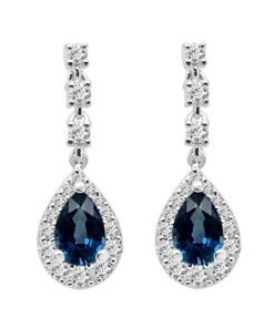 Diamond Halo Drop 0.38 Carat Pear Blue Sapphire Earrings