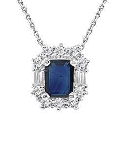 Baguette Round Halo Cable 1.75 Carat Emerald Blue Sapphire Necklace