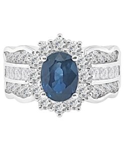Dia Halo And Shank Ladies 1.50 Carat Oval Blue Sapphire Ring