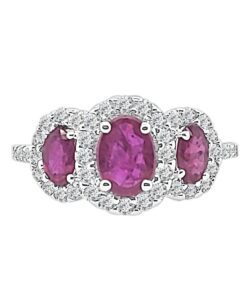 3 Stone With Halos Ladies 1.66 Carat Oval Ruby Ring