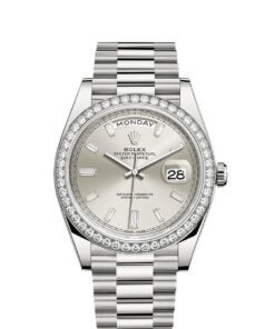 Rolex Day Date President 40mm 18k White Gold Factory Diamond Set Bezel Silver Diamond Dial Watch 228349RBR
