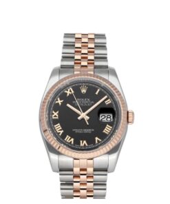 Rolex Datejust 36mm 2 Tone 18k Everose Gold & Stainless Steel Black Dial Roman Fluted Bezel Jubilee Steel Watch 116231