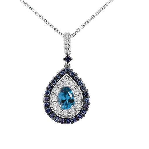 Pear Ctr Dbl Halo Of Bt And Dia Cable 0.80 Carat Necklace