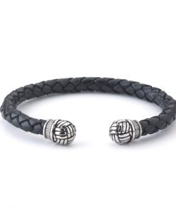 Black Woven End Caps Leather Bracelet