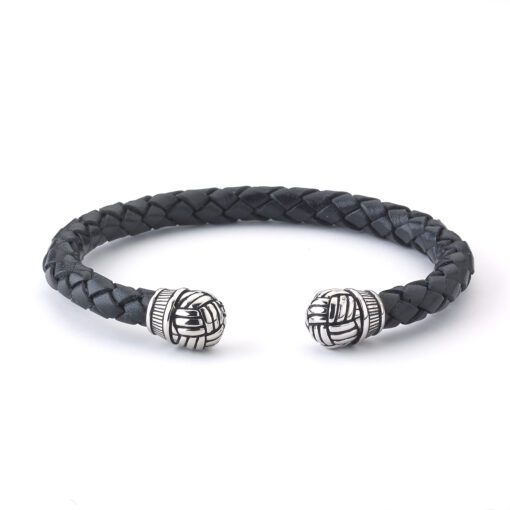 Black Woven End Caps Leather Bracelet