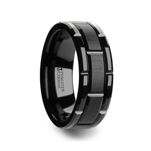 Widsor Blk W Brush Finish And Grooves Mens Wedding Band